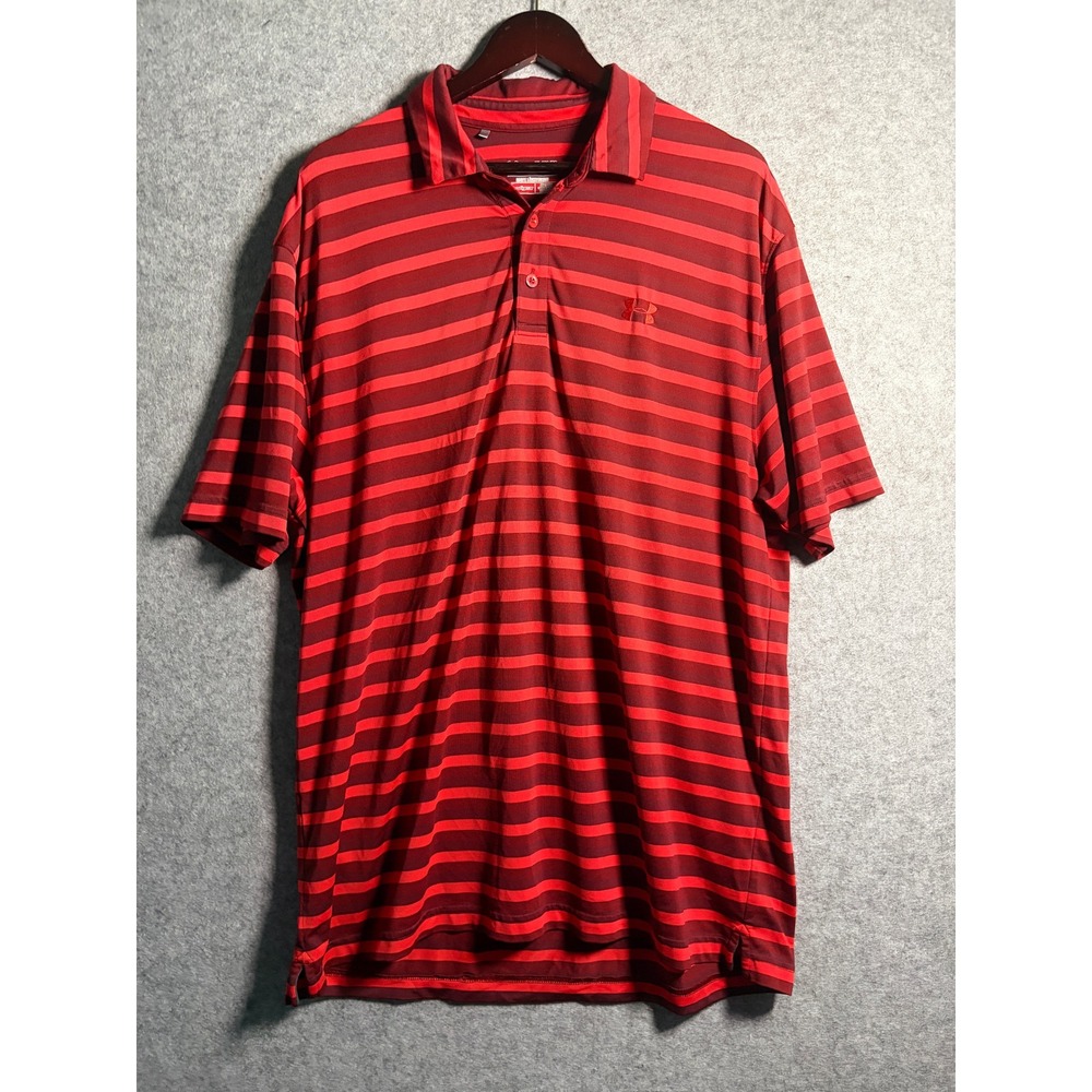Under Armour HeatGear Mens XL Red Striped Loose Fit Short Sleeve Golf Polo Shirt